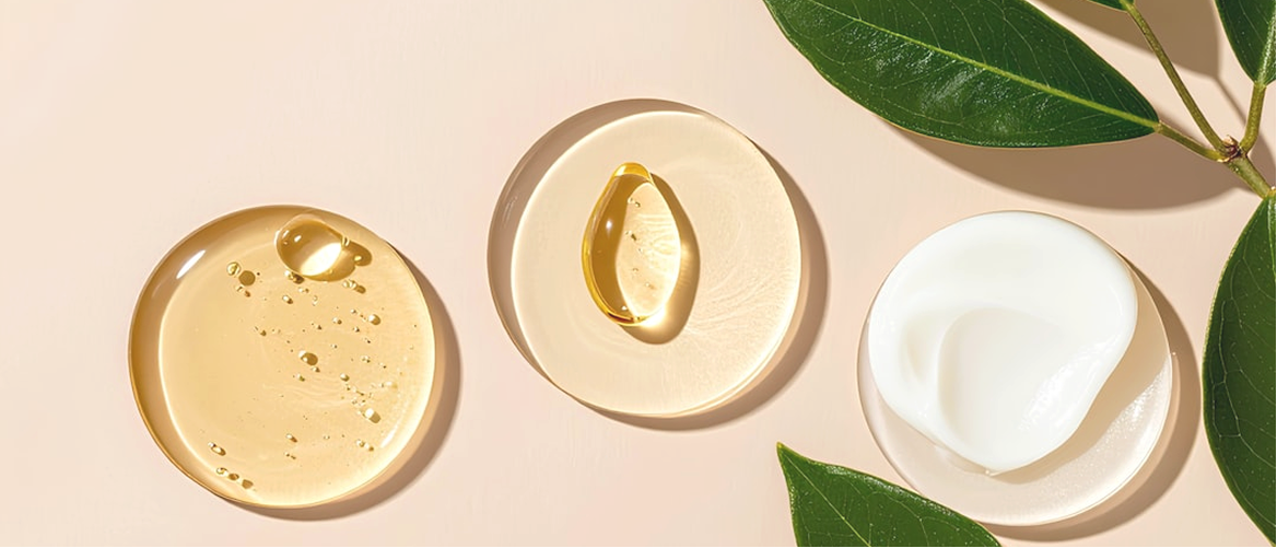 Botanical skincare textures, golden oils, and fresh green leaves