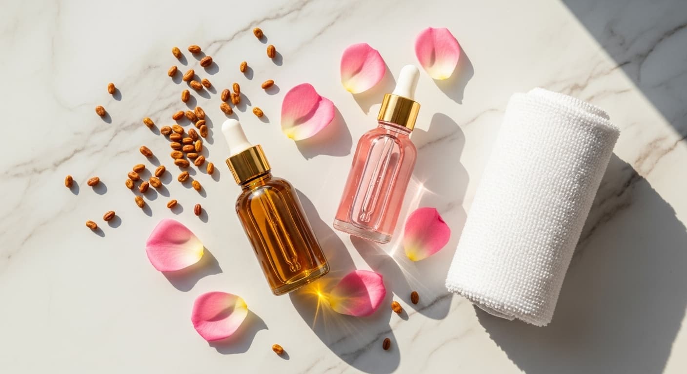 editorial skincare flat lay showing natural ingredients like jojoba seeds, rose petals, glass dropper bottles, and cotton towels on marble background, warm sunlight, minimalist luxury aesthetic, no brand label, top view