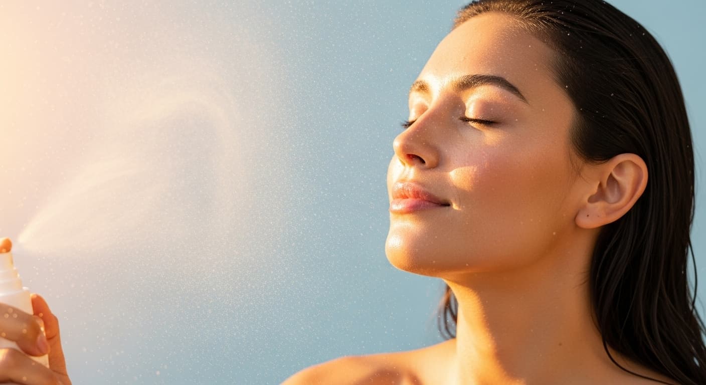 woman washing her face with water splash effect, clear skin, bathroom mirror background with soft focus, bright daylight, refreshing clean beauty vibe, natural tones, no visible product branding