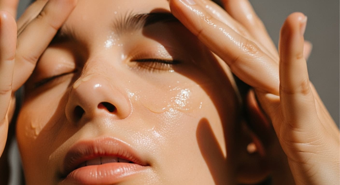 macro shot of serum drop falling from glass dropper onto smooth skin, golden reflection, minimal background, studio lighting, luxury skincare mood, no text or brand label