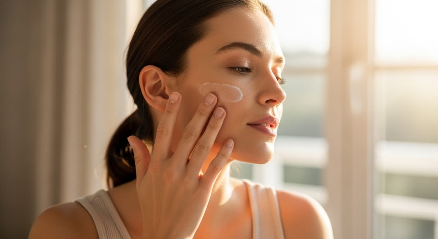 hands gently massaging facial oil into skin, warm tones, glowing face in close-up, reflection of light highlighting moisture and softness, soft-focus background, natural skincare aesthetic