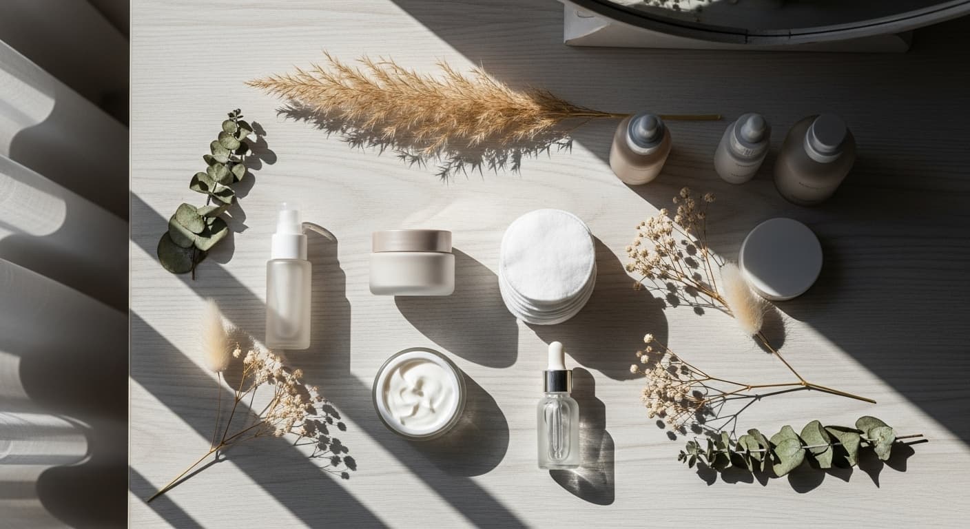woman applying sunscreen or cream in morning sunlight, wearing minimal makeup, natural background with window light, healthy radiant skin glow, realistic editorial tone, no labels visible