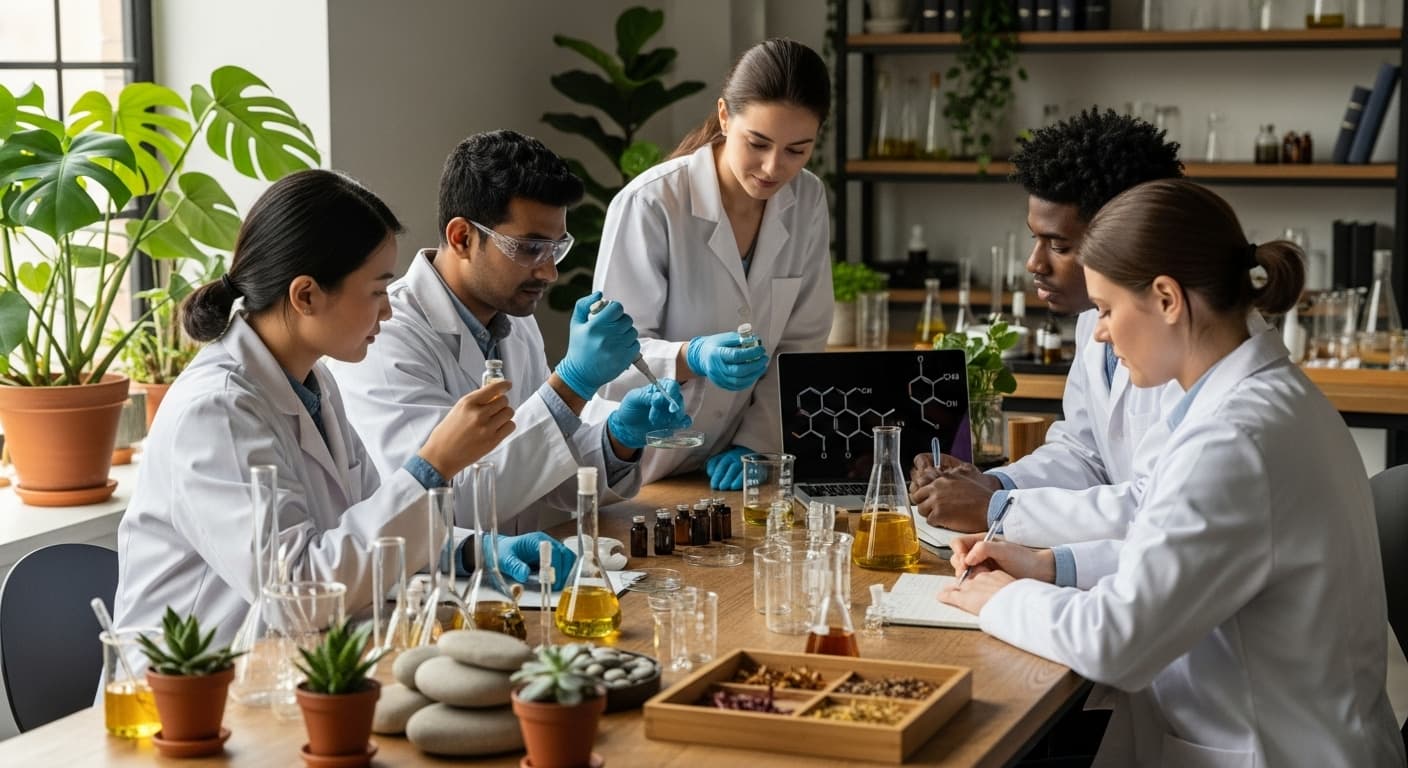 diverse team in white lab coats inspecting natural oil samples, behind-the-scenes beauty lab aesthetic, natural lighting, eco-friendly workspace, glass beakers and plants around, professional yet warm tone