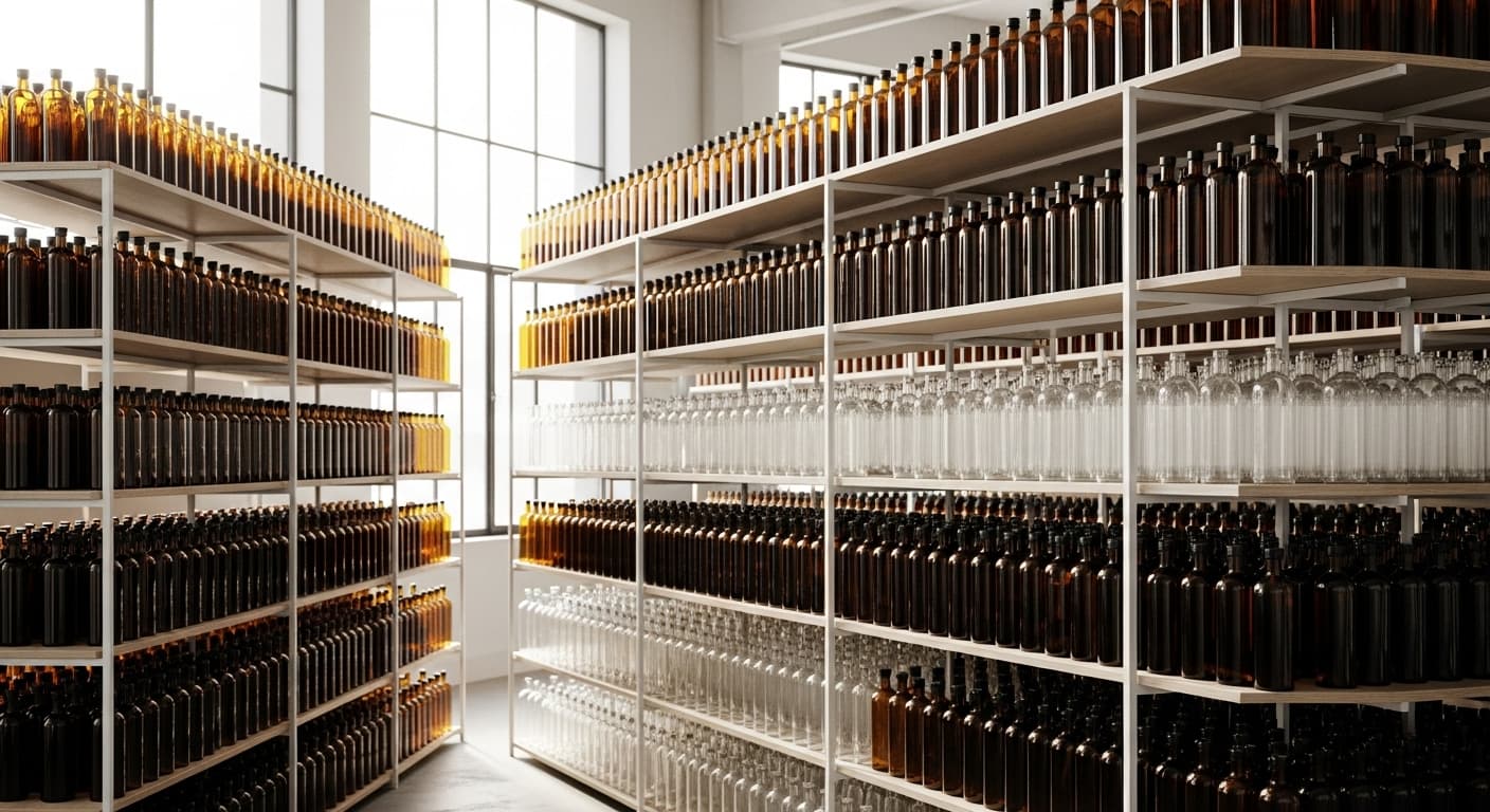 warehouse or studio shelves filled with amber and clear bottles, clean organized setup, sustainable packaging style, focus on abundance and reliability, natural light photography