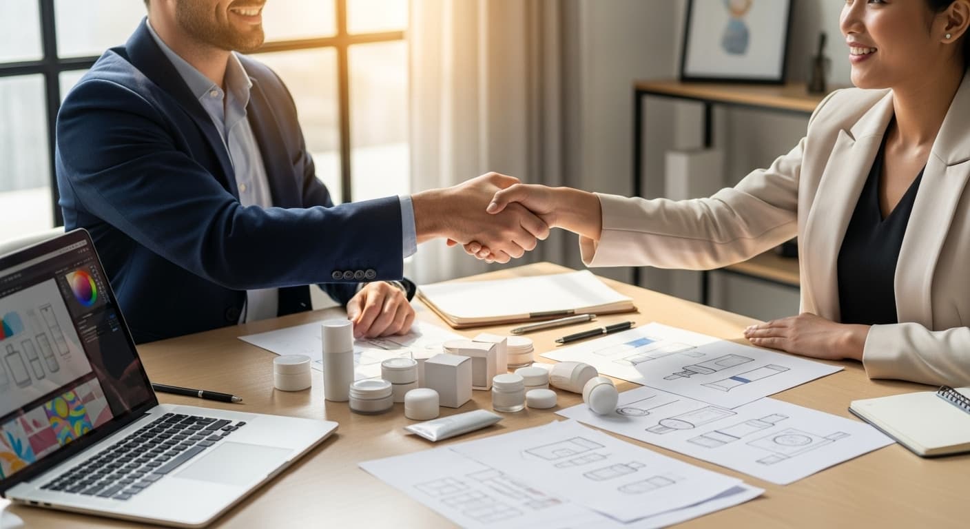 two people shaking hands over desk with blank cosmetic packaging samples, laptop and design sketches visible, creative business meeting vibe, warm daylight, modern and trust-inspiring tone